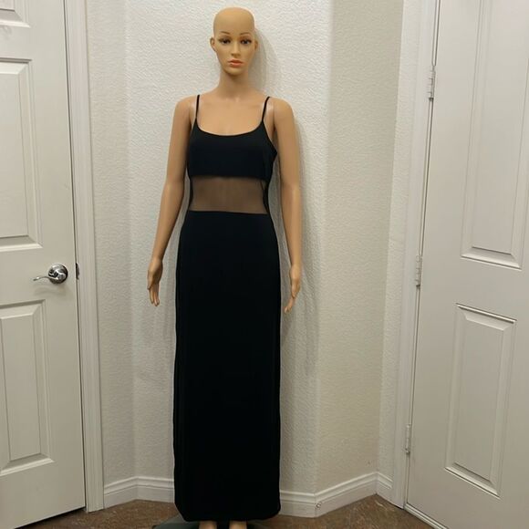 Curves Dress Medium Black Scoop Neck Sheer Waist Spaghetti Strap Slit Back Sexy - Picture 1 of 9